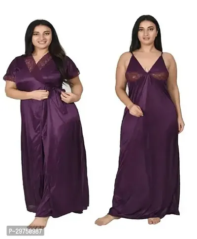 Elegant Purple Satin Lace Nighty And Wrap Gown For Women- 2 Pieces-thumb0