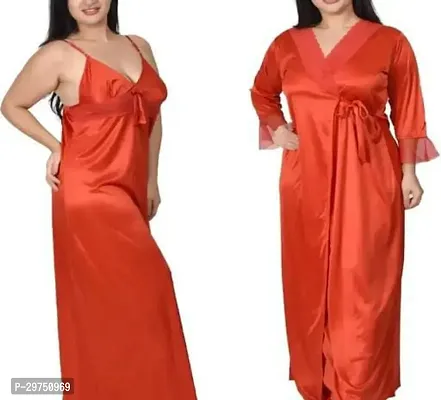 Elegant Orange Satin Solid Nighty And Wrap Gown For Women- 2 Pieces-thumb0