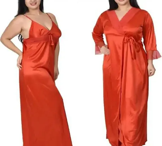 Gwachi Women's Satin, Lace Solid Maxi Nighty (GW-VN-2Pcs-Set-4003_Red_L)