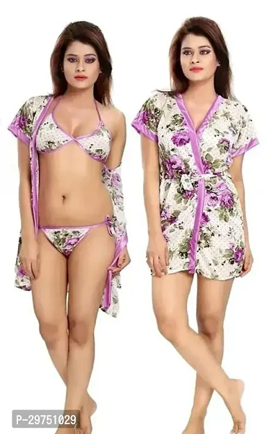 Elegant Pink Satin Printed Robe And Lingerie Set For Women- 3 Pieces