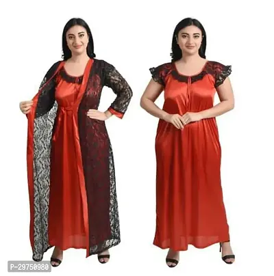 Elegant Orange Satin Lace Maxi Nighty with Flower Net Robe- 2 Pieces-thumb0