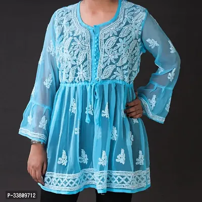 Elegant Blue Cotton Embroidered Top For Women-thumb0