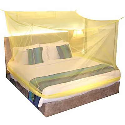 Mosquito Net for Double Bed, King-Size, Square Hanging Foldable Polyester Net Yellow