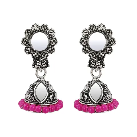Elegant Pink Mirror with Beads Jhumki Earrings