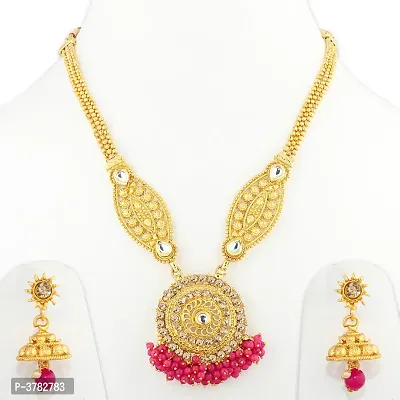 Designer Chain Round Pandel And Pink Crystal  Long Set Jewellery For  Women And Girls-thumb2