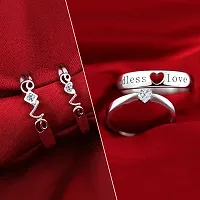 Adjustable Silver 2 Pair of Couple Rings Set With 2 Piece Red Rose Gift Box for lovers for Men and Women-thumb1