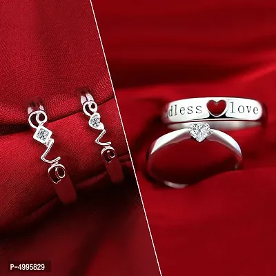 Adjustable Silver 2 Pair of Couple Rings Set With 2 Piece Red Rose Gift Box for lovers for Men and Women-thumb2