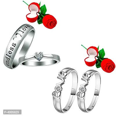 Adjustable Silver 2 Pair of Couple Rings Set With 2 Piece Red Rose Gift Box for lovers for Men and Women