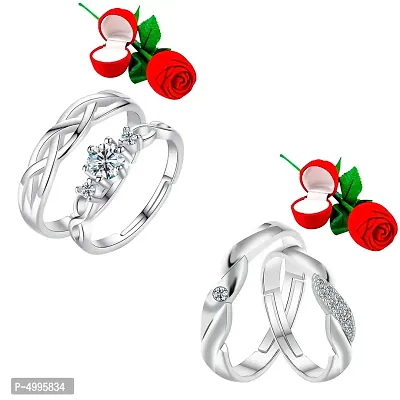 Adjustable Party Wear 2 Pair of Couple Rings Set With 2 Piece Red Rose Gift Box for lovers-thumb0