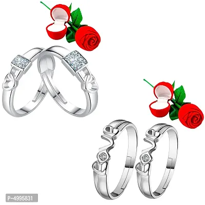 Adjustable Party Wear 2 Pair Couple Rings Set With 2 Piece Red Rose Gift Box for lovers for Men and Women-thumb0