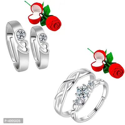 Adjustable 2 Pair of Couple Rings Set With 2 Piece Red Rose Gift Box for Men and Women