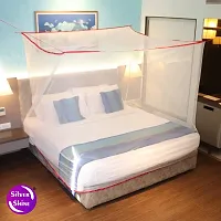 Silver Shine Mosquito Net for Double Bed, King-Size, Square Hanging Foldable Polyester Net (White-Red)-thumb1