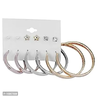 Silver Shine Stylish Fashion Earring Combo 3 Bali With 3 Studs Set For Women Girls (Earring Set 6)-thumb2