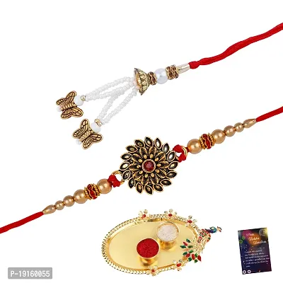 Premium Quality Fancy Combo Of 2 Rakhi With Roli - Chawal - Greeting Card - Pooja Thali-thumb0