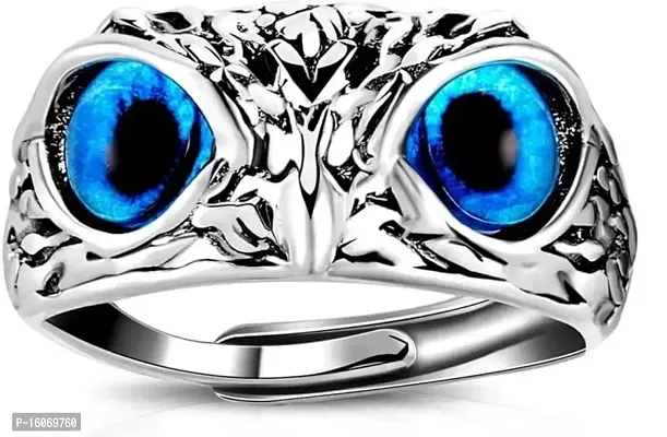 Blue Demon Eyes Owl/Ullu Bird Face Design Thumb Finger Ring Stainless Steel Silver Plated Ring-thumb0