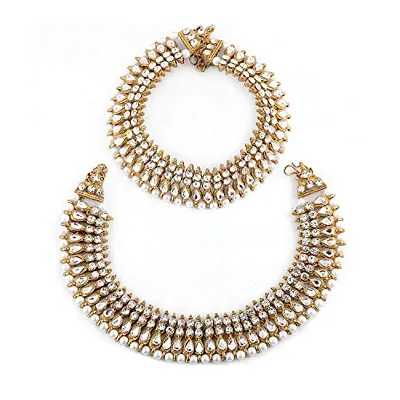 Silver Shine Charms Golden White Antique Kundan Anklet For Women And Girl.