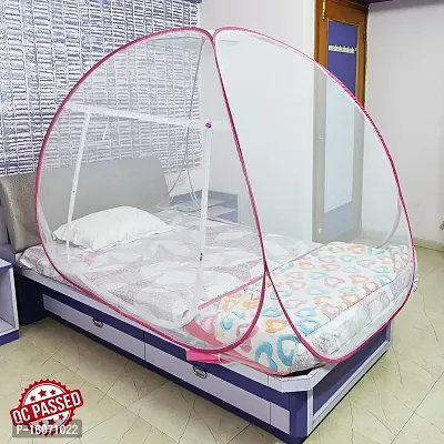 Mosquito Net for Double Bed | King Size Foldable Machardani | Polyester 30GSM Strong Net Steel Wire (Single Bed, White-Pink)-thumb3