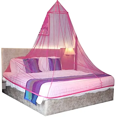 Mosquito Net for Double Bed, King-Size, Round Ceiling Hanging Foldable Polyester Net Pink (Pack of 1)