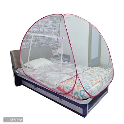 Mosquito Net for Double Bed | King Size Foldable Machardani | Polyester 30GSM Strong Net Steel Wire (Single Bed, White-Pink)-thumb0