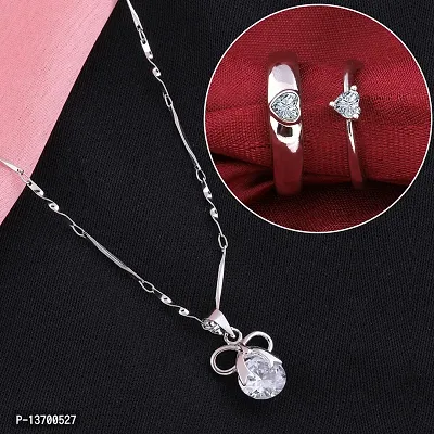 Silver Plated Solitaire Adjustable Couple Rings and Pendant Chain Combo Pack