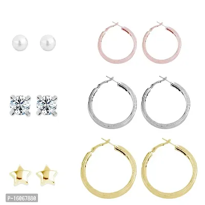 Silver Shine Stylish Fashion Earring Combo 3 Bali With 3 Studs Set For Women Girls (Earring Set 6)-thumb0