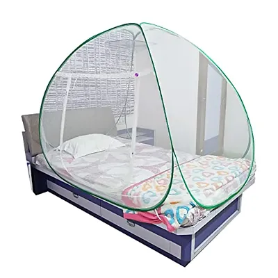 Mosquito Net Polyester Foldable for Single Bed White Color and Green Patti