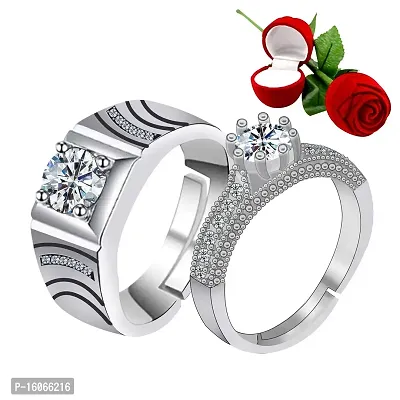 Silver Shine Silver Plated Adjustable Couple Ring with 1 Piece Red Rose Gift Box for Men and Women-thumb0
