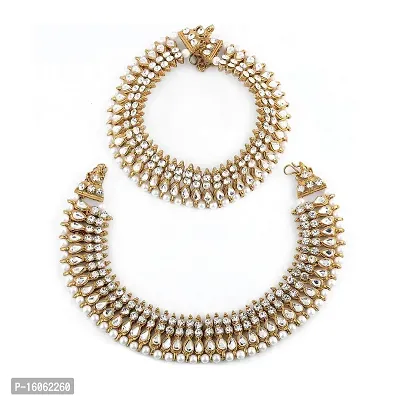 Silver Shine Charms Golden White Antique Kundan Anklet For Women And Girl.