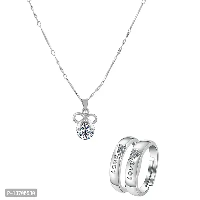 Silver Plated Solitaire Adjustable Couple Rings and Pendant Chain Combo Pack-thumb2