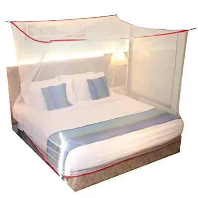Silver Shine Mosquito Net for Double Bed, King-Size, Square Hanging Foldable Polyester Net (White-Red)