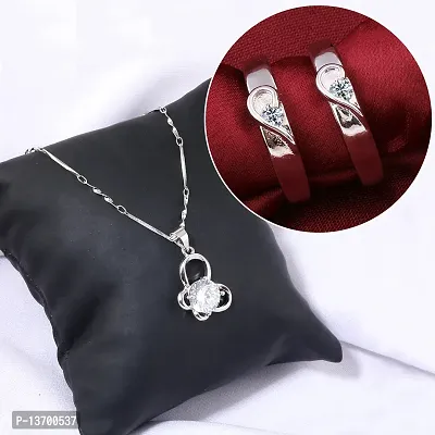 Silver Plated Solitaire Adjustable Couple Rings and Pendant Chain Combo Pack-thumb0