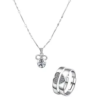 Silver Plated Solitaire Adjustable Couple Rings and Pendant Chain Combo Pack-thumb1