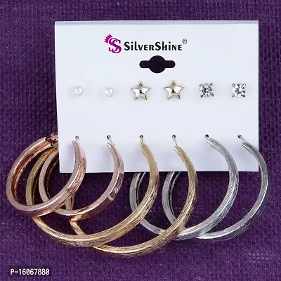 Silver Shine Stylish Fashion Earring Combo 3 Bali With 3 Studs Set For Women Girls (Earring Set 6)-thumb4
