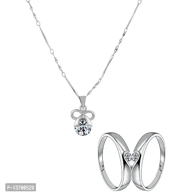 Silver Plated Solitaire Adjustable Couple Rings and Pendant Chain Combo Pack-thumb2