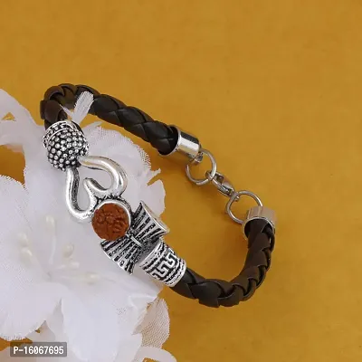 Silver Shine Rudraksha OM Trishul Damroo Designer Oxidized Silver Bahubali Leather Kada Bracelet Unisex Bracelets for Men  Women-thumb2