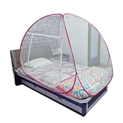 Mosquito Net for Double Bed | King Size Foldable Machardani | Polyester 30GSM Strong Net Steel Wire (Single Bed, White-Pink)