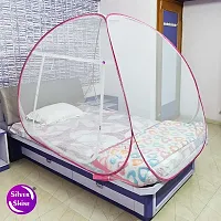 Mosquito Net for Double Bed | King Size Foldable Machardani | Polyester 30GSM Strong Net Steel Wire (Single Bed, White-Pink)-thumb1