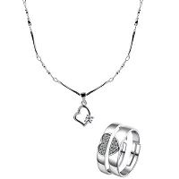 Silver Plated Solitaire Adjustable Couple Rings and Pendant Chain Combo Pack-thumb1