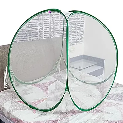Silver Shine Mosquito Net Polyester Foldable Mosquito Net for Baby White Color and Green Border 0 to 2 Years