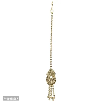 Silver Shine Traditional Gold Plated Unique Golden Diamond Studded Designer Bridal Wedding Maang Tikka for Girls and Women Jewellery-thumb0