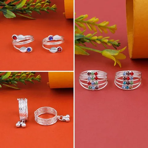 Combo Of 3 Silver Plated Alloy American Diamond Toe Ring