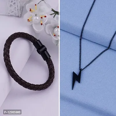 Chain Pendant Lightning Bolt Leather Bracelet for Men and Women-thumb0