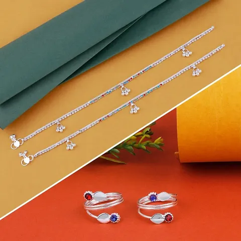Silver Plated Alloy American Diamond Toe Ring And Chain Anklets
