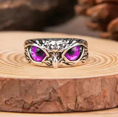 Pink Demon Eyes Owl/Ullu Bird Face Design Thumb Finger Ring Stainless Steel Silver Plated Ring