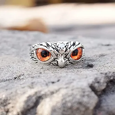 Orange Demon Eyes Owl/Ullu Bird Face Design Thumb Finger Ring Stainless Steel Silver Plated Ring