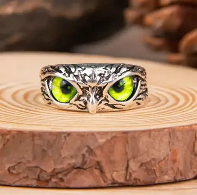 Yellow Demon Eyes Owl/Ullu Bird Face Design Thumb Finger Ring Stainless Steel Silver Plated Ring