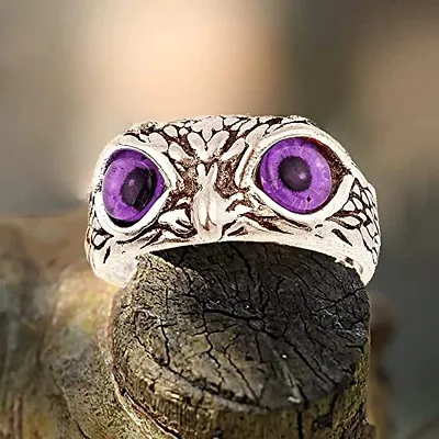 Purple Demon Eyes Owl/Ullu Bird Face Design Thumb Finger Ring Stainless Steel Silver Plated Ring
