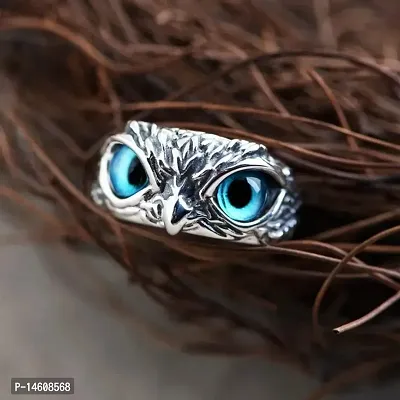 Blue Demon Eyes Owl/Ullu Bird Face Design Thumb Finger Ring Stainless Steel Silver Plated Ring-thumb2