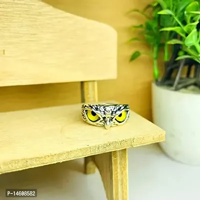 Yellow Demon Eyes Owl/Ullu Bird Face Design Thumb Finger Ring Stainless Steel Silver Plated Ring-thumb3