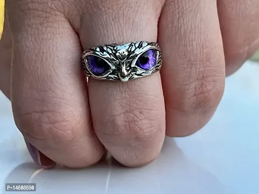 Purple Demon Eyes Owl/Ullu Bird Face Design Thumb Finger Ring Stainless Steel Silver Plated Ring-thumb3